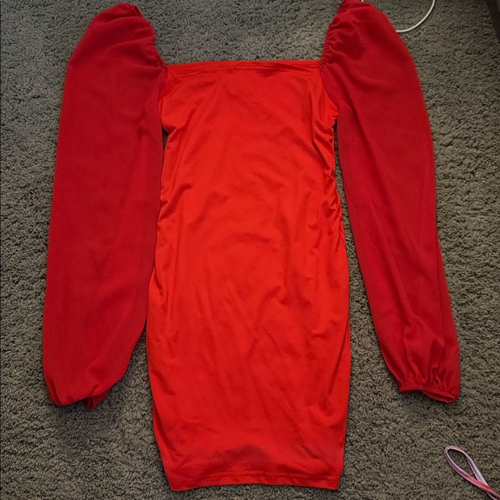 Red Off-Shoulder Dress with Long Bell Sleeves